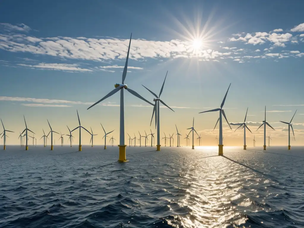 Vista panorámica de un parque eólico marino con turbinas gigantes, cables submarinos y aves marinas