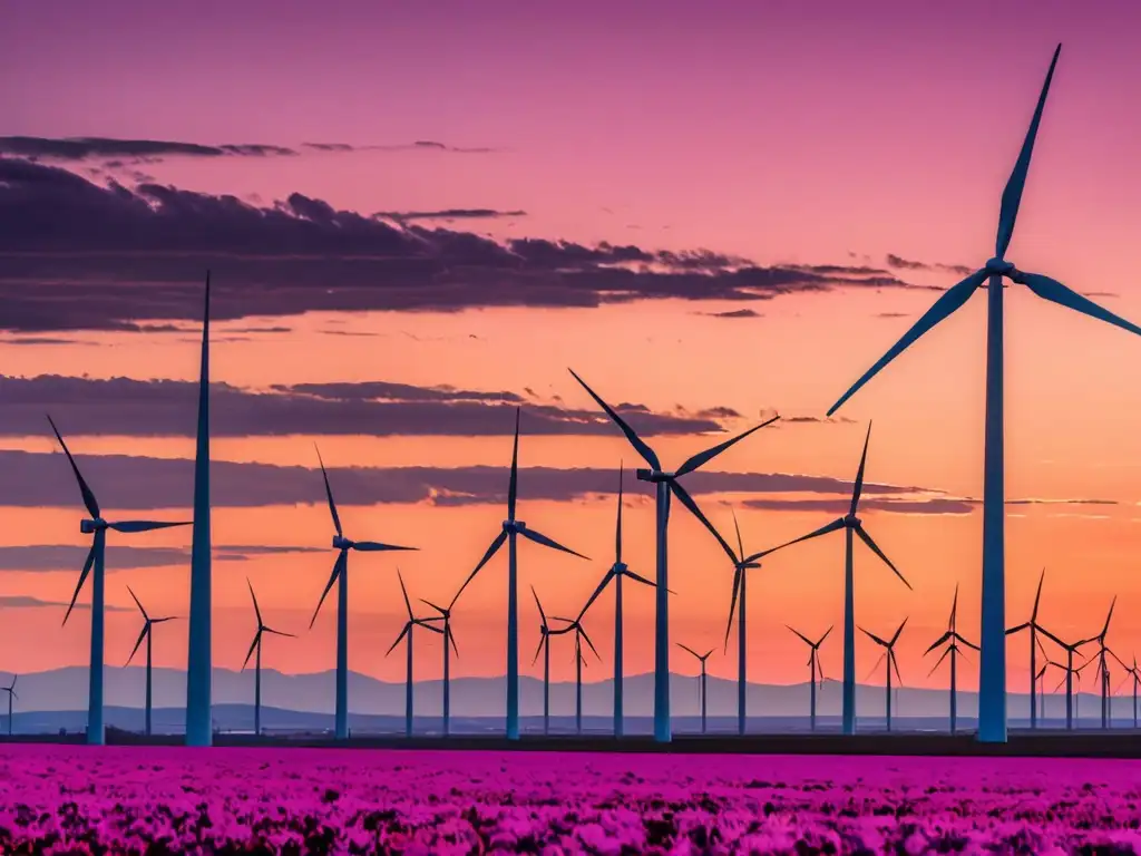 Vista panorámica de un parque eólico al atardecer, con turbinas eólicas que se elevan contra un cielo colorido