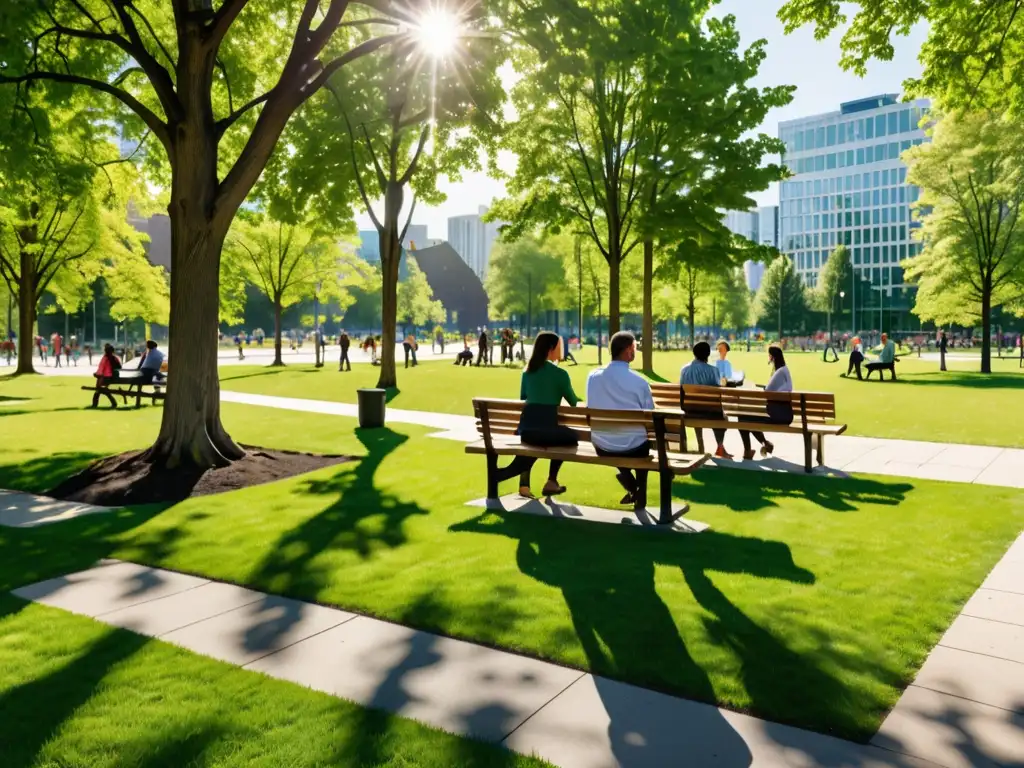 Vista panorámica de un parque urbano lleno de vida vegetal y actividades recreativas