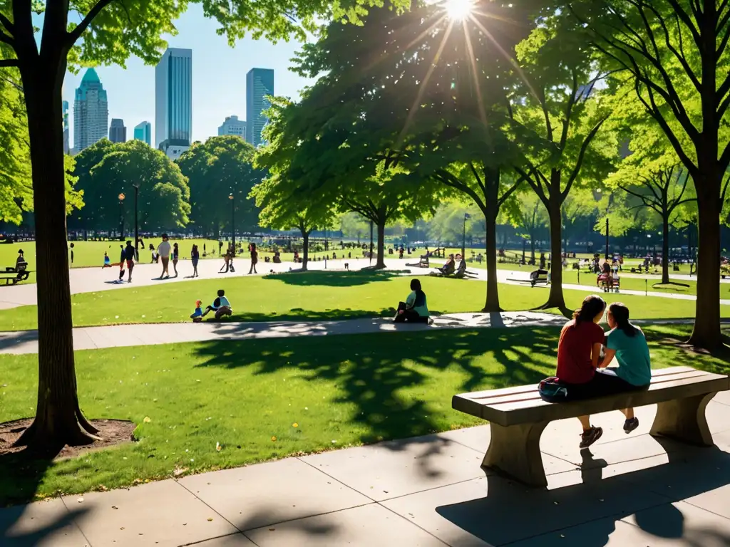 Vista panorámica de un parque vibrante y diverso contrastando con el paisaje urbano