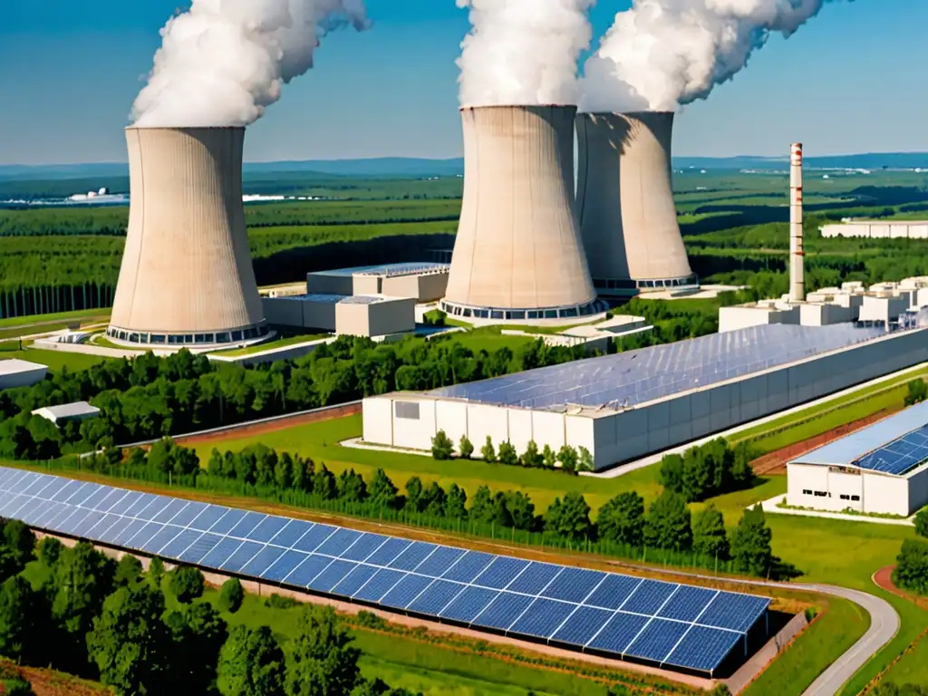 Vista panorámica de una planta nuclear integrada en exuberante vegetación y paneles solares, simbolizando la legislación ambiental energía nuclear