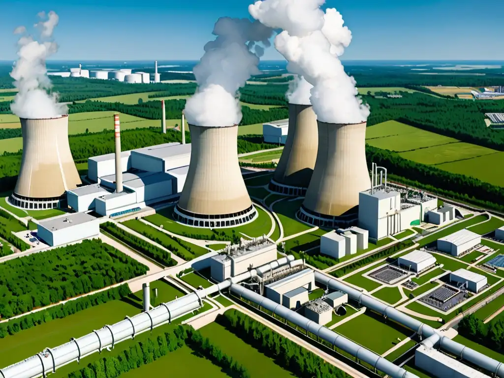 Armonía nuclear en paisaje natural: planta y entorno exuberante Vista panorámica de planta nuclear en armonía con la naturaleza