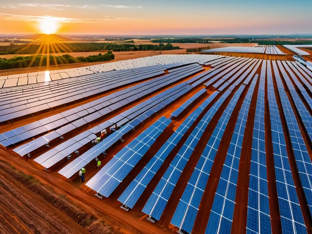 Vista panorámica de una planta solar al atardecer, con paneles fotovoltaicos y trabajadores inspeccionando el equipo