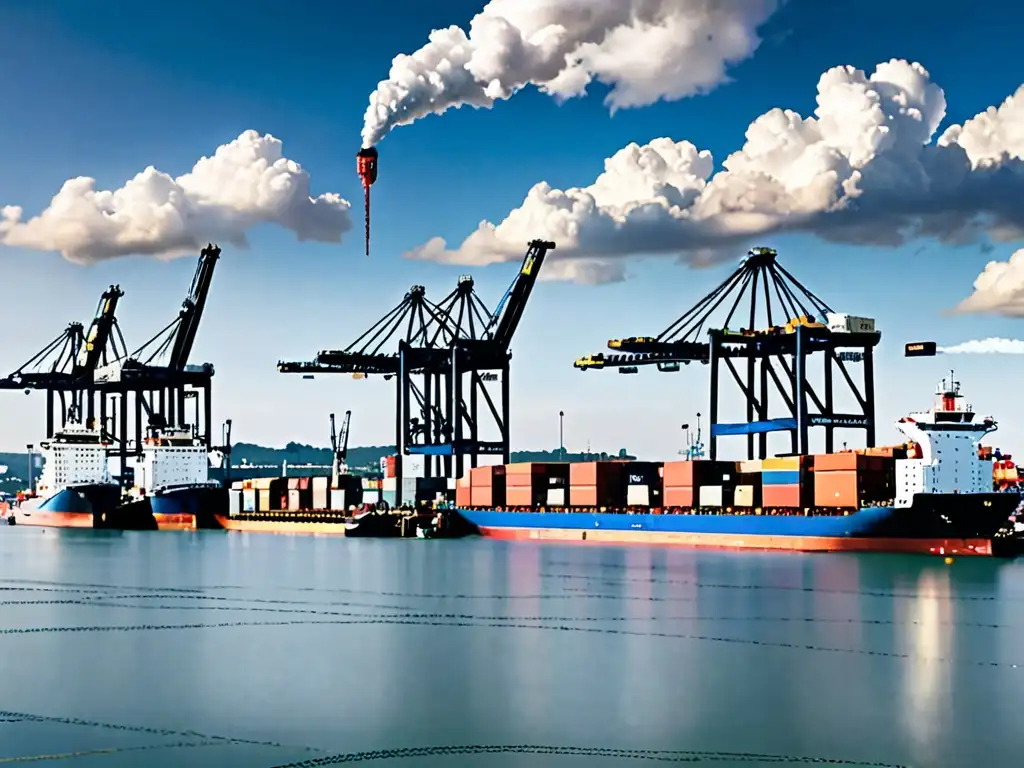 Vista panorámica de un puerto industrial con barcos cargueros y grúas