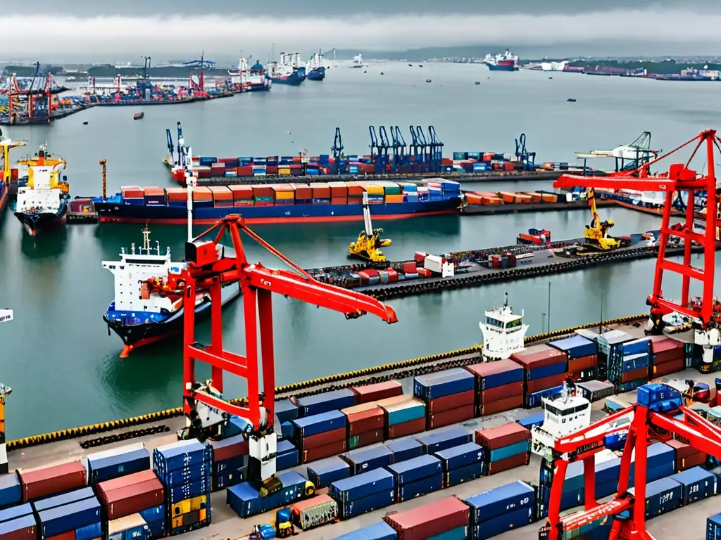 Vista panorámica de un puerto industrial bullicioso, con barcos de carga y maquinaria moviéndose