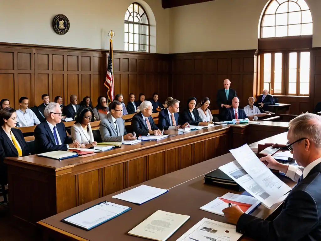 Vista panorámica de una sala de tribunal abarrotada con abogados, jueces y testigos, reflejando la tensa atmósfera de conflictos legales relacionados con la conservación marina