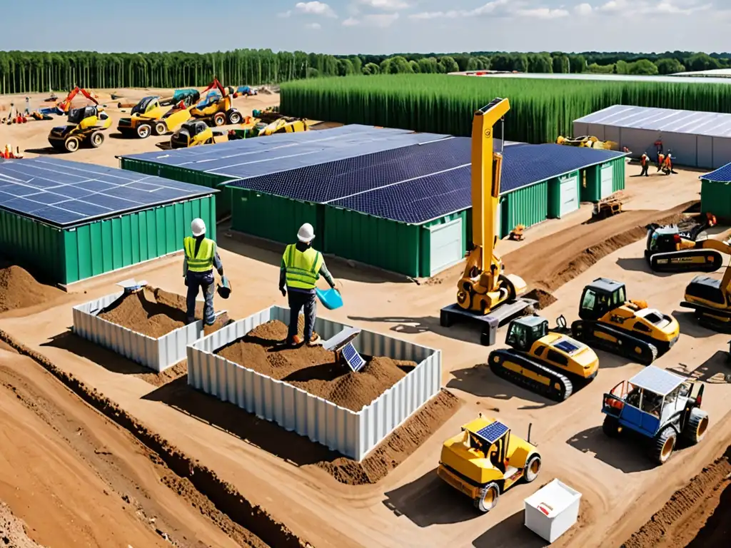 Una vista panorámica de un sitio de construcción con trabajadores, maquinaria en acción y prácticas ecológicas