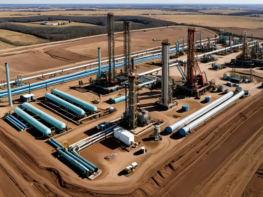 Vista panorámica de un sitio de fracking, mostrando la red de tuberías y maquinaria en un paisaje árido