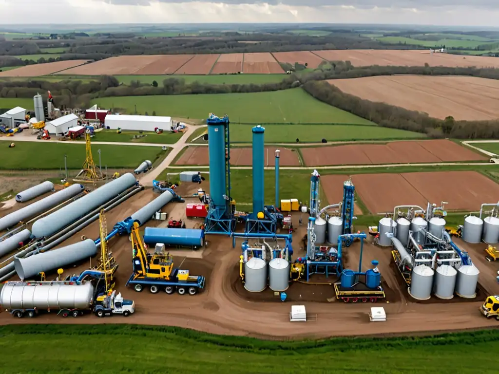 Vista panorámica de un sitio de fracking, maquinaria industrial y paisaje rural