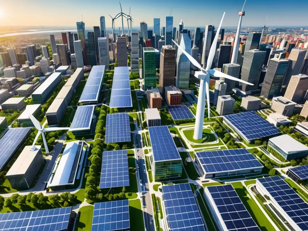 Vista panorámica de la evolución global de la legislación de tecnología limpia, con energía renovable integrada en la vibrante ciudad