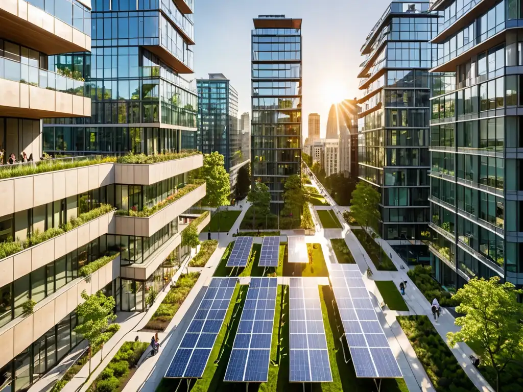 Horizonte urbano moderno con energía solar Vista panorámica urbana con energías renovables y moderna arquitectura