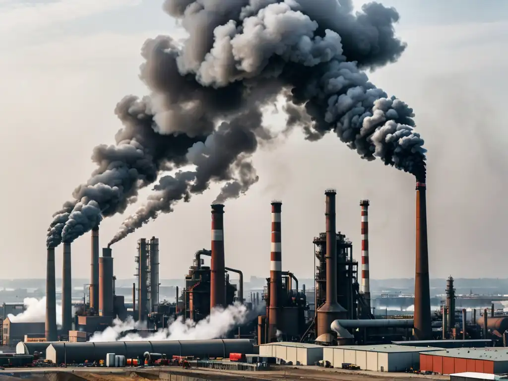 Vista panorámica de una zona industrial bulliciosa con humeantes chimeneas emitiendo densas columnas de humo