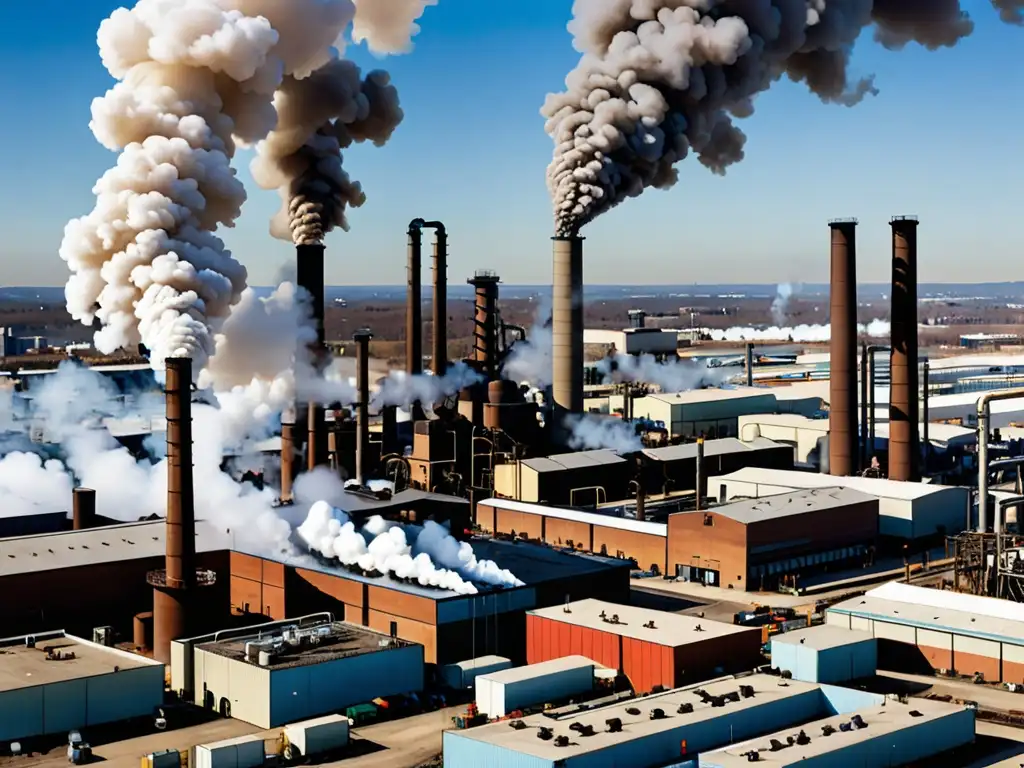 Vista panorámica de una zona industrial activa con fábricas emitiendo humo, destacando la responsabilidad empresarial en legislación ambiental