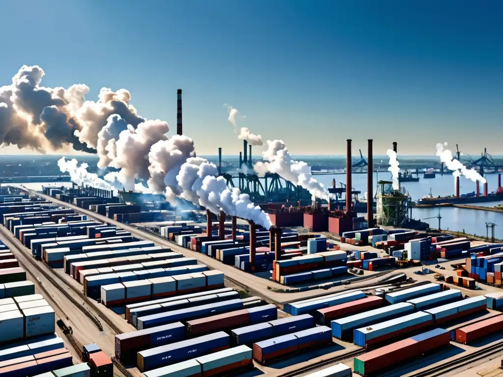 Vista panorámica de una zona industrial con humeantes chimeneas, resaltando el contraste entre la contaminación y la cadena de suministro global