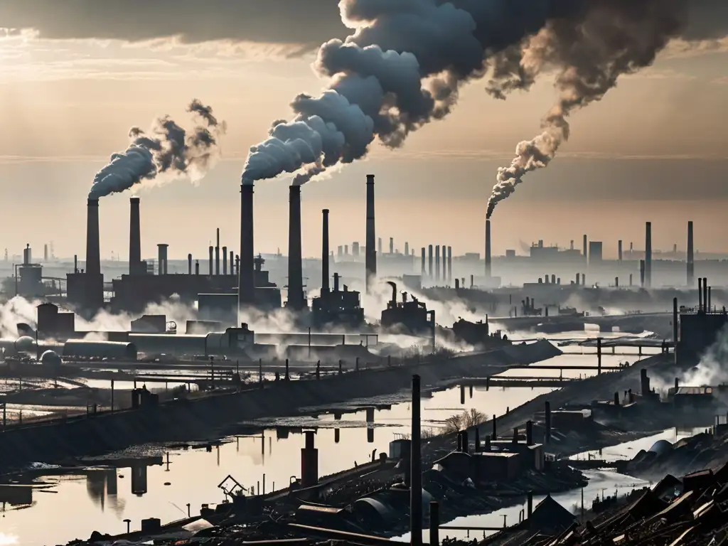 Vista panorámica de una zona industrial bulliciosa con chimeneas humeantes, un cielo contaminado y un río lleno de desechos