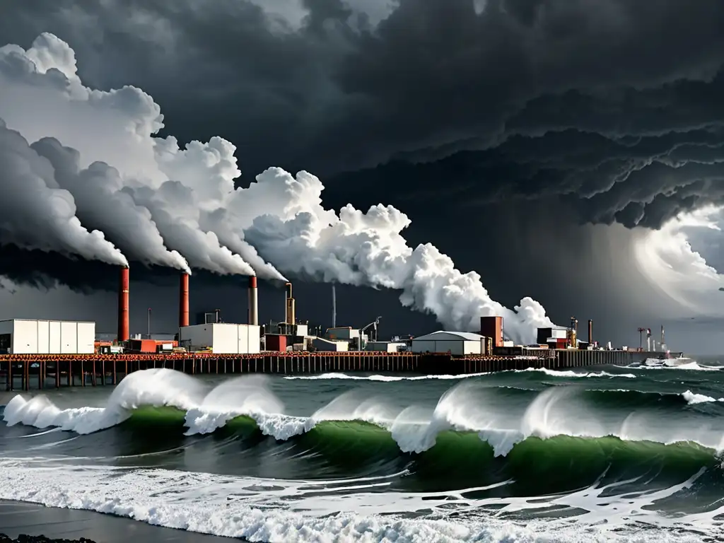 Vista panorámica de zona industrial costera con fábricas y almacenes, bajo nubes de tormenta sobre el océano