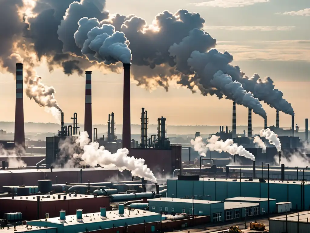 Vista panorámica de una zona industrial con humo y trabajadores realizando pruebas de control de emisiones