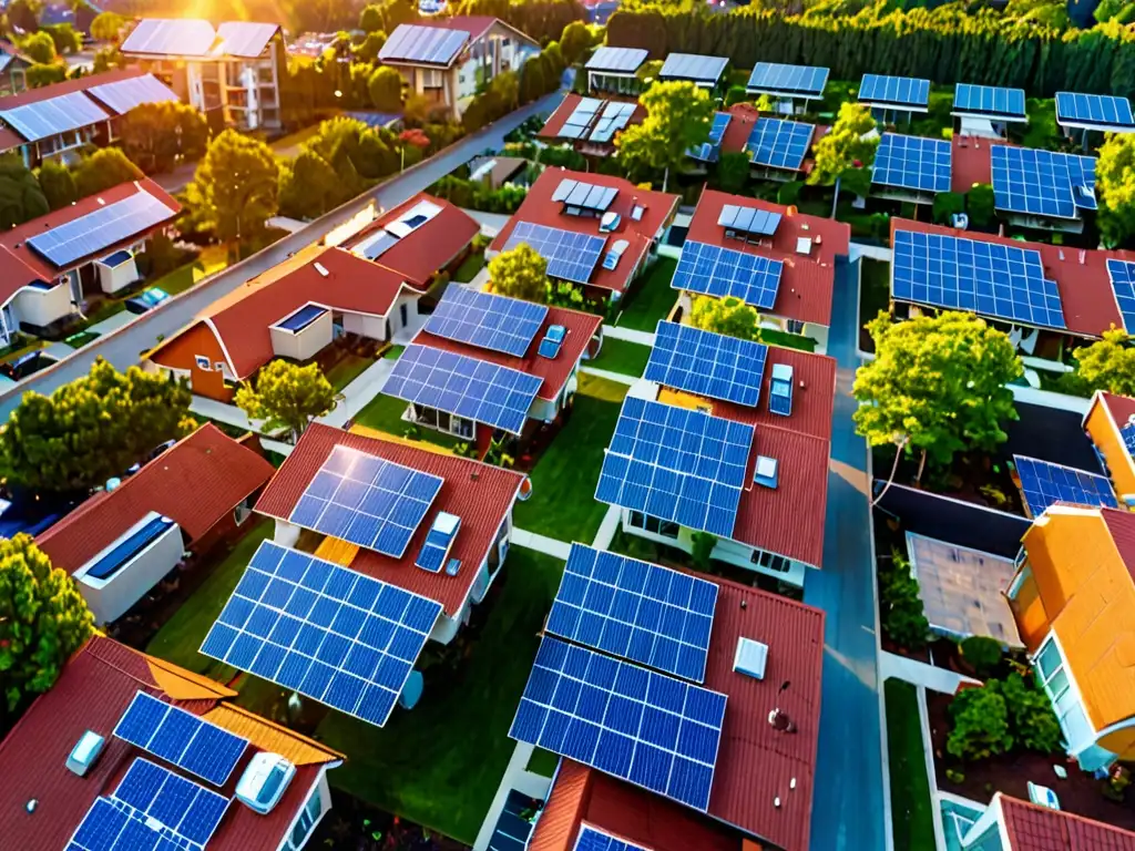 Vista panorámica de zona residencial con paneles solares en los tejados, iluminados por el cálido atardecer