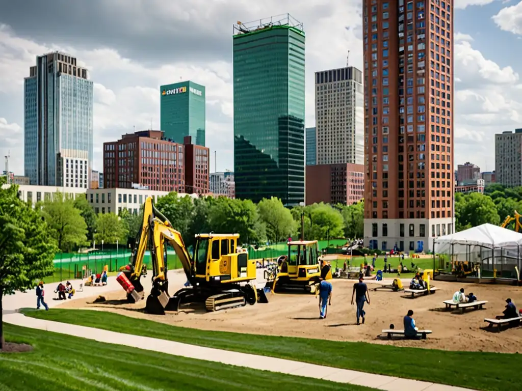 Vista panorámica de una zona urbana activa con zonas verdes, gente disfrutando al aire libre y equipos de fracking en zonas verdes urbanas