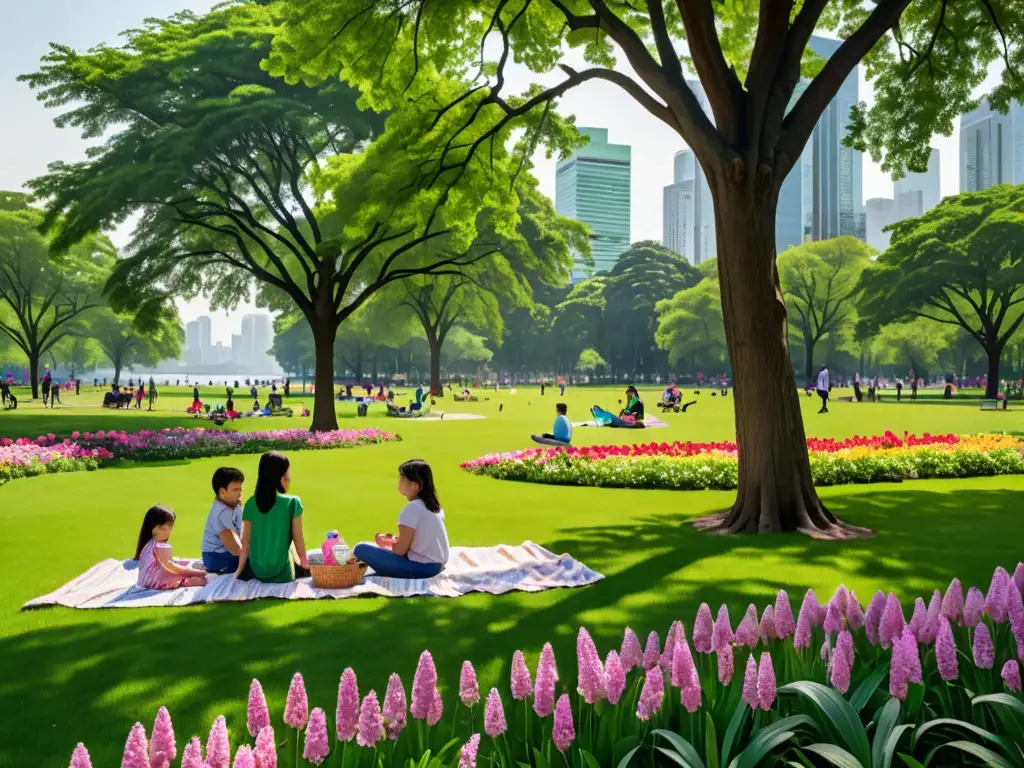 Vista de parque público con naturaleza exuberante, familias, juegos y rascacielos en contraste