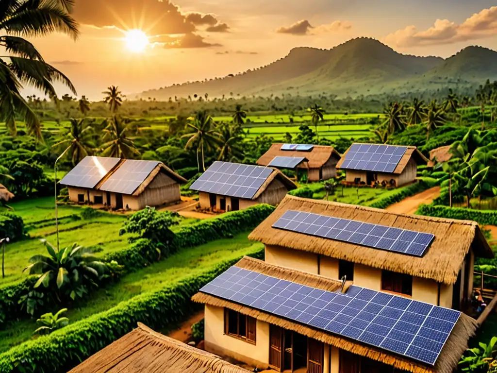 Vista de un pueblo remoto en un país en desarrollo, con paneles solares en casas tradicionales