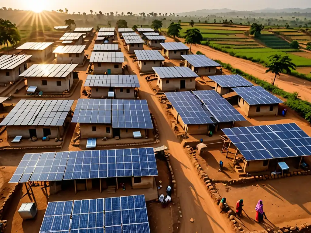 Vista de un pueblo rural al atardecer con paneles solares en los techos