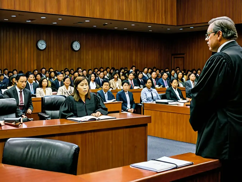 Vista de una sala de tribunal durante un caso de tráfico de especies, mostrando la seriedad y las penalizaciones del derecho ambiental