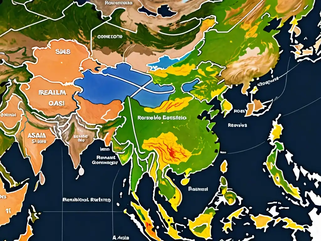 Vista satelital detallada de granjas de paneles solares y otras iniciativas de energía renovable en Asia, destacando leyes energía renovable Asia