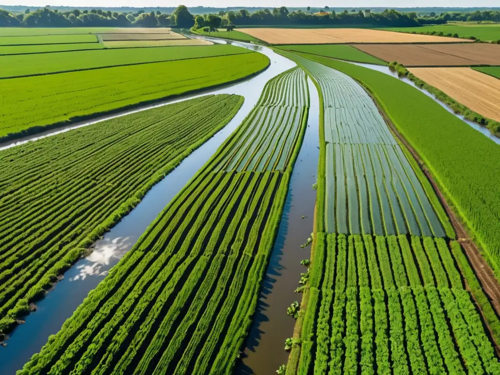 Vista serena de un campo agrícola verde exuberante bajo cielo azul, destacando la agricultura resiliente al cambio climático