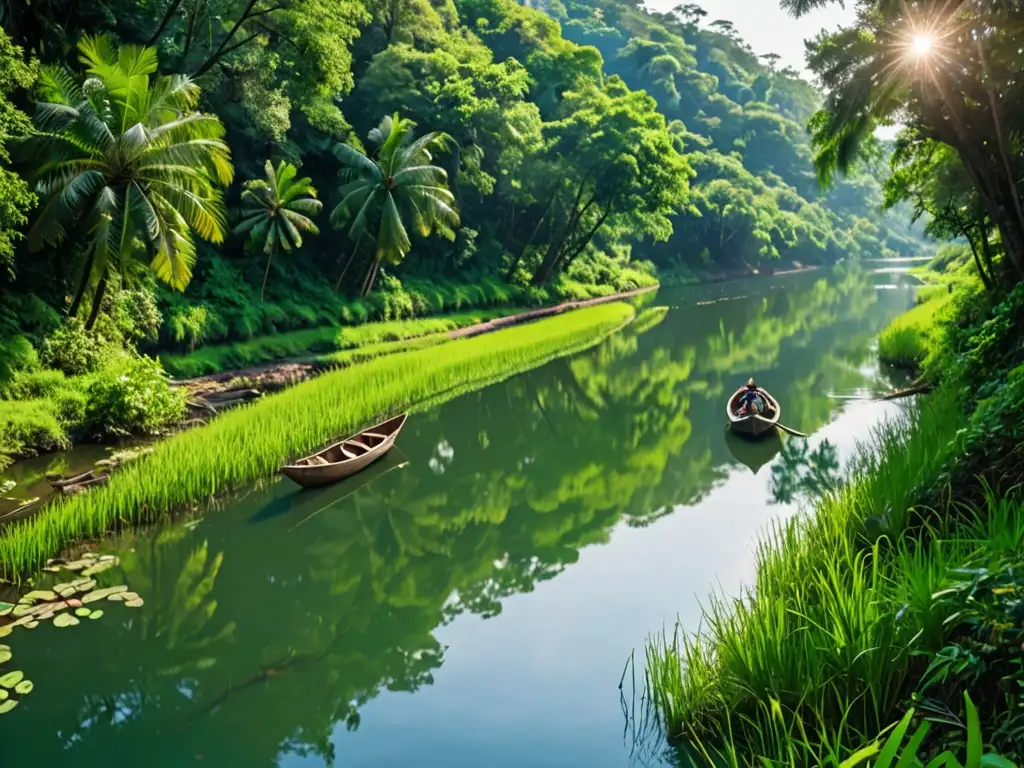 Río Tijibos: Naturaleza serena y diversa Vista serena del río Tijibos serpenteando entre exuberante vegetación, reflejando el cielo azul