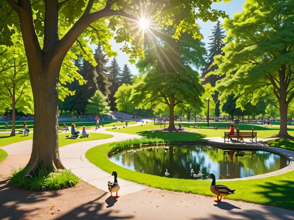 Vista serena de un parque con árboles verdes, un camino sinuoso y un estanque con patos