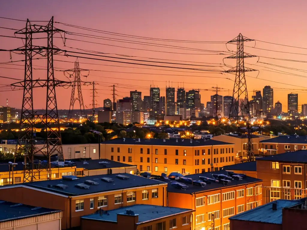 Vista urbana al atardecer, con edificios modernos iluminados y líneas eléctricas