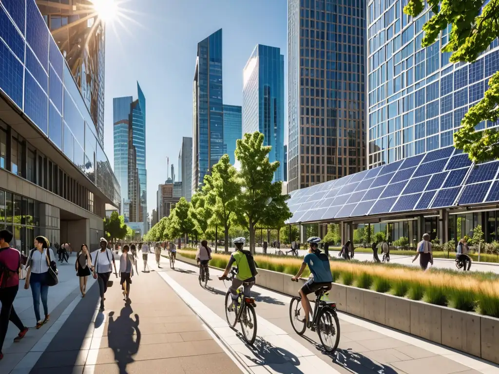 Vista urbana con edificaciones modernas y eficientes bajo normativas de eficiencia energética en un día soleado