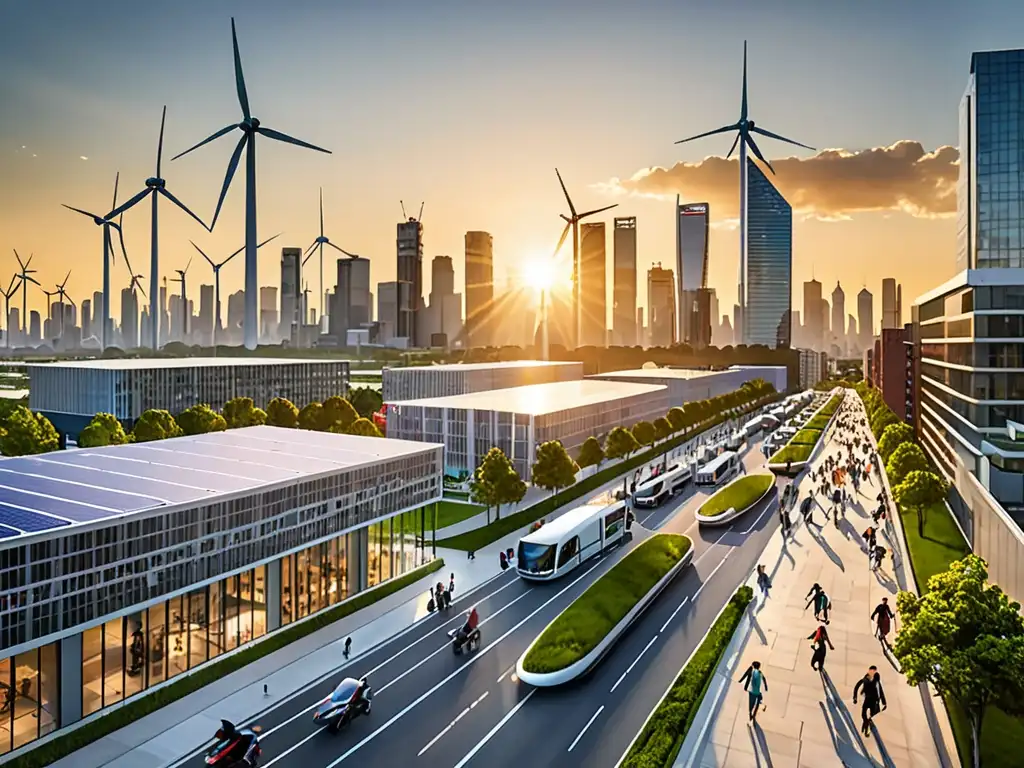 Renovables en la ciudad: un atardecer sostenible Vista urbana con energía renovable y aspectos legales integrados en la ciudad sostenible al atardecer