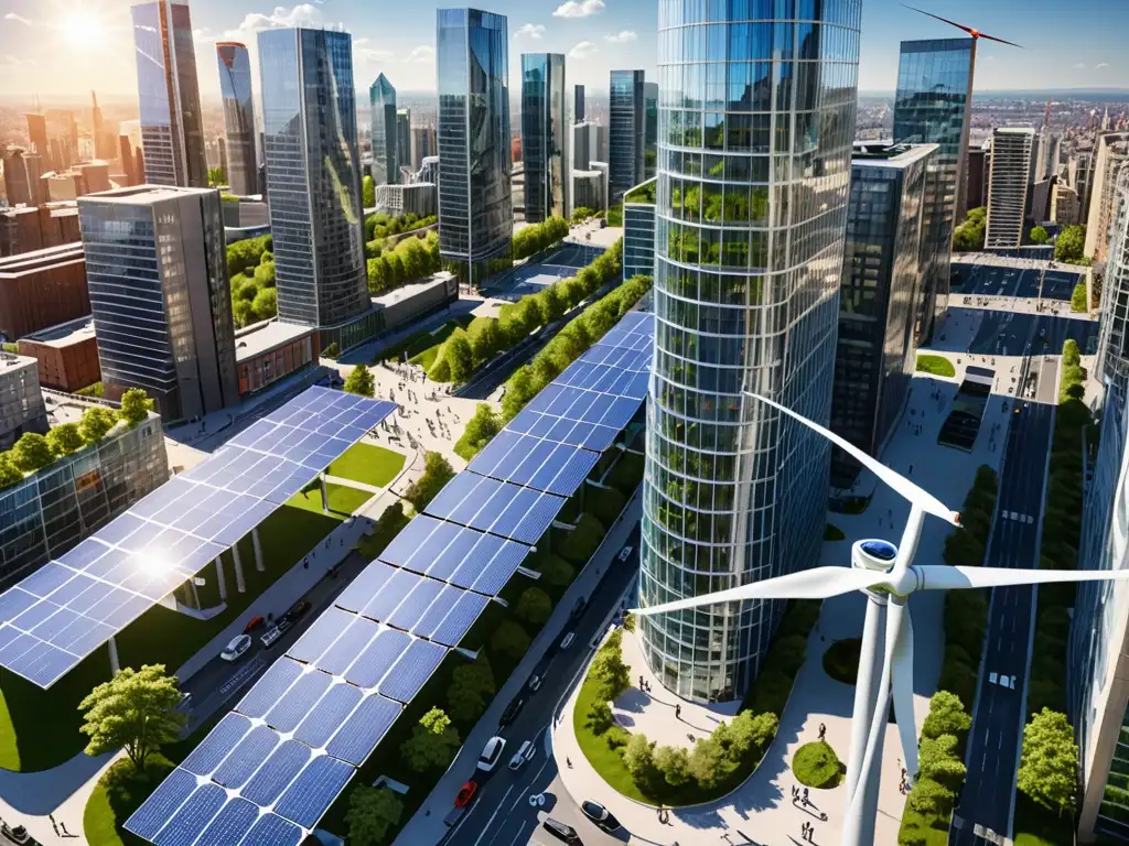Metrópolis sostenible: Energía renovable y progreso urbano Vista urbana con energías renovables integradas legalmente, progreso sostenible y conciencia ambiental
