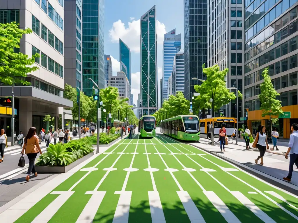 Vista urbana con infraestructura verde y transporte sostenible, ejemplificando leyes financieras sostenibles para medio ambiente en una ciudad moderna