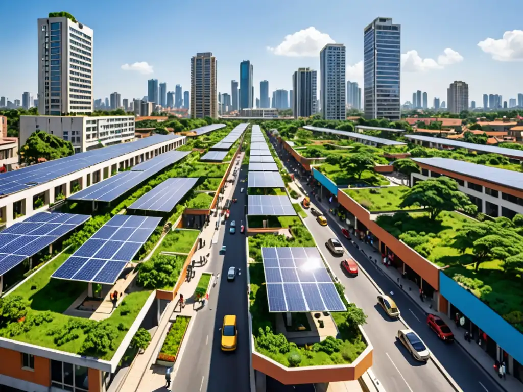 'Vista urbana de África con legislación ambiental para urbanización, edificios altos rodeados de vegetación y paneles solares