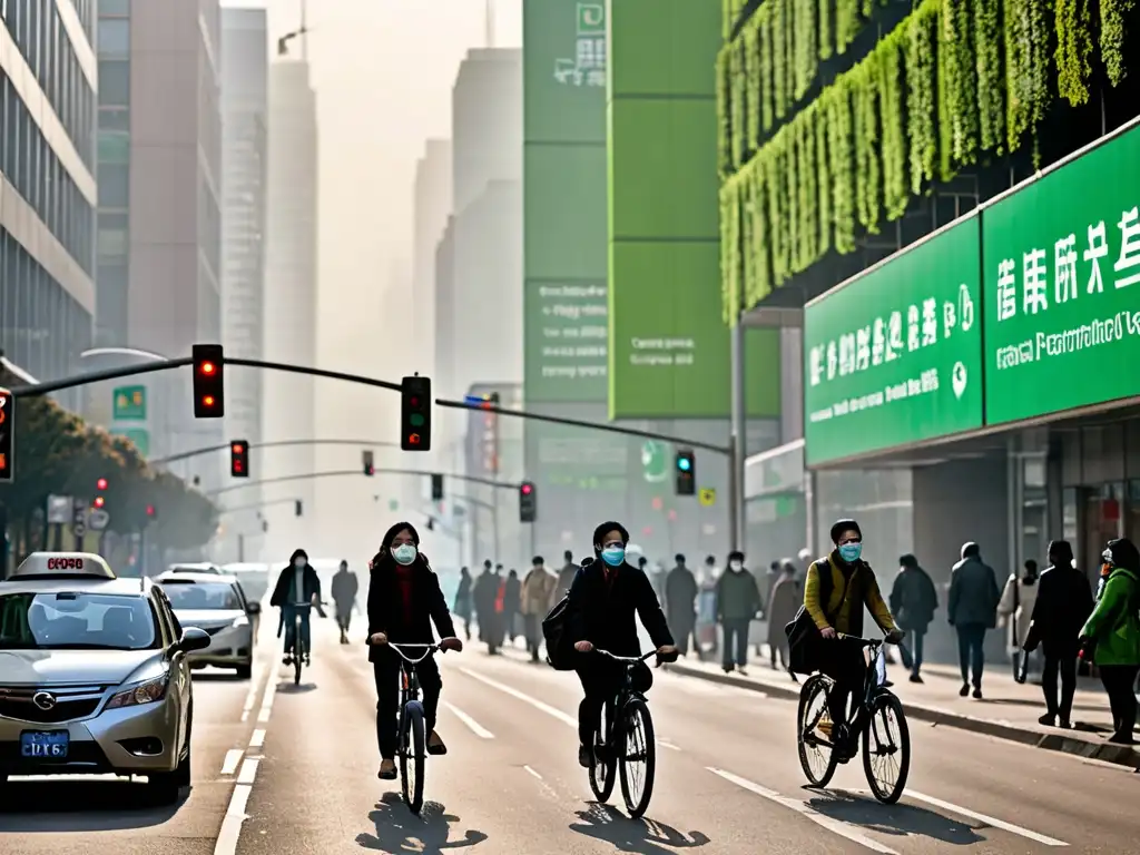 Vista urbana con medidas de control de calidad del aire, como muros verdes y autobuses eléctricos