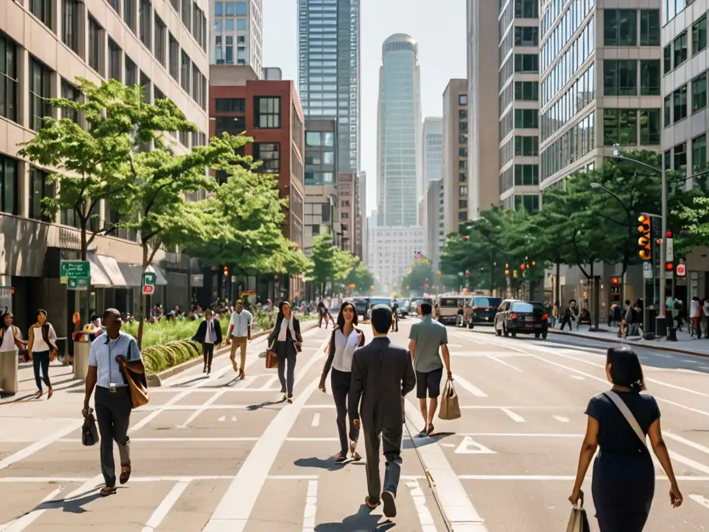 Vista urbana con movimiento de personas, tráfico y edificios altos, resaltando la necesidad de legislación urbana para mejorar la calidad del aire