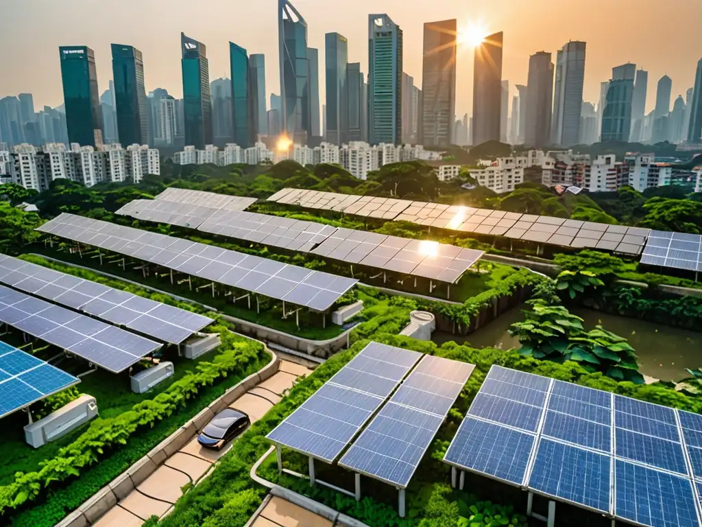 Vista urbana en Asia, con rascacielos rodeados de vegetación y paneles solares