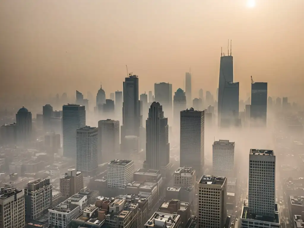 Vista urbana con smog denso y contaminación del aire, resaltando la urgencia de legislación calidad del aire protección en entornos urbanos