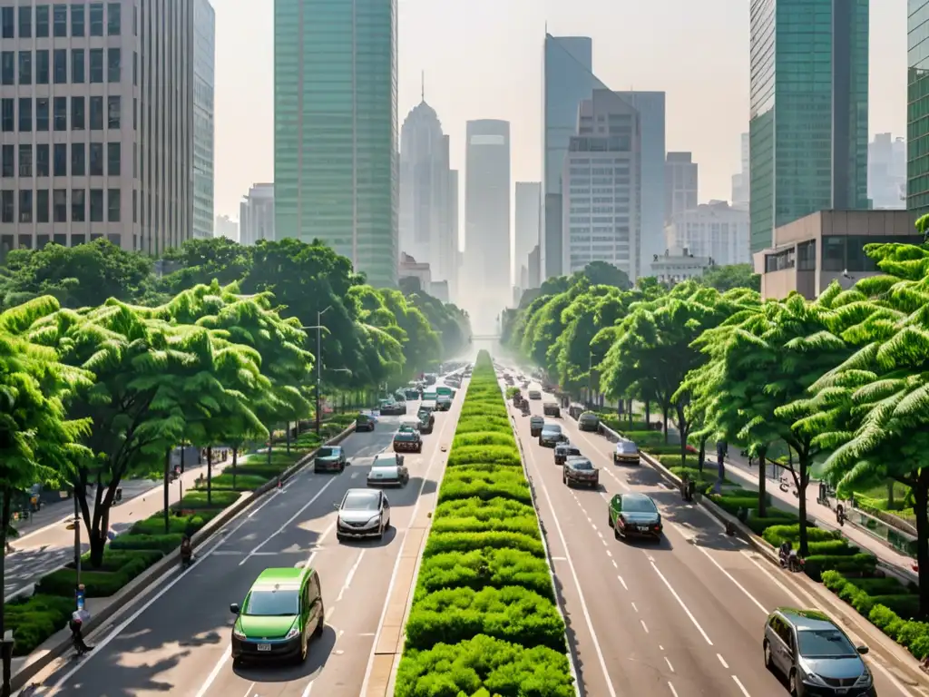 Vista urbana con smog y parque verde, destaca la importancia de soluciones legales calidad aire urbano