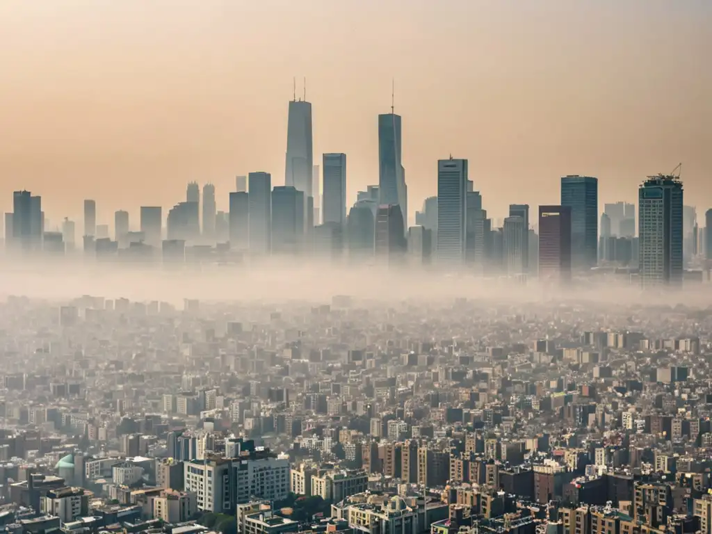 Vista urbana con smog, reflejando la preocupación por la legislación de calidad del aire y protección ambiental