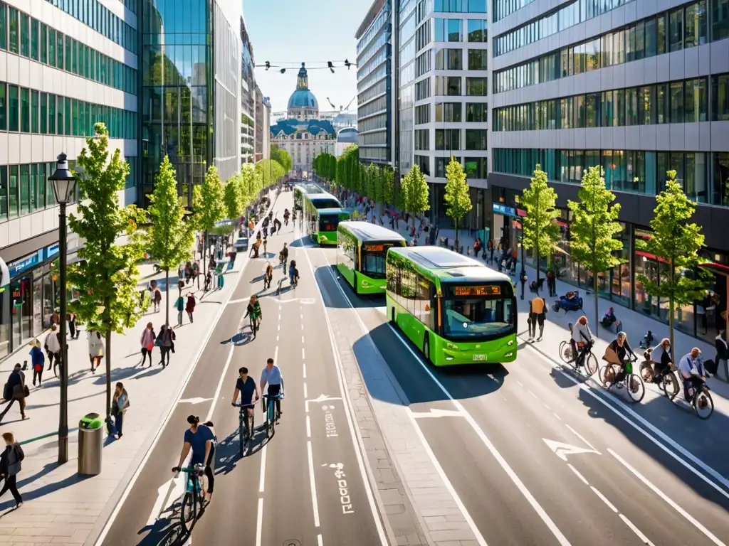 Vista urbana sostenible con ciclistas, peatones y autobuses eléctricos