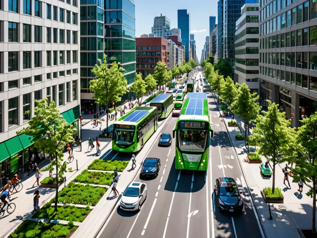 Vista urbana sostenible con ciclistas, transporte eléctrico y paneles solares en edificios