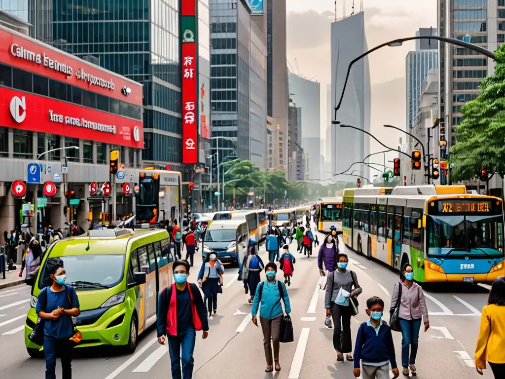 Vista urbana con tráfico denso, edificios altos, smog y personas con mascarillas y bolsas reutilizables