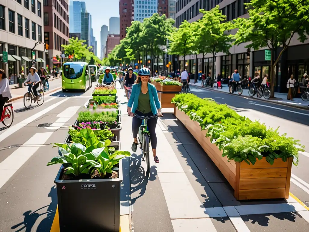 Vista urbana con vehículos eléctricos, bicicletas y edificios verdes