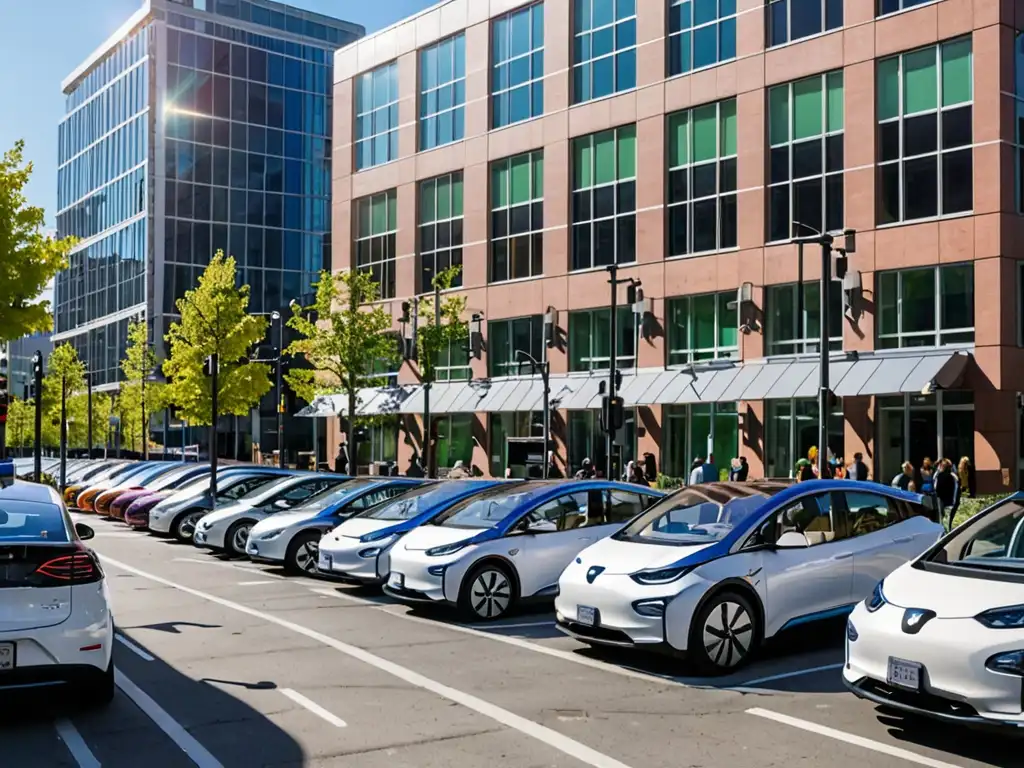 Vista urbana con vehículos eléctricos, personas caminando y edificios modernos