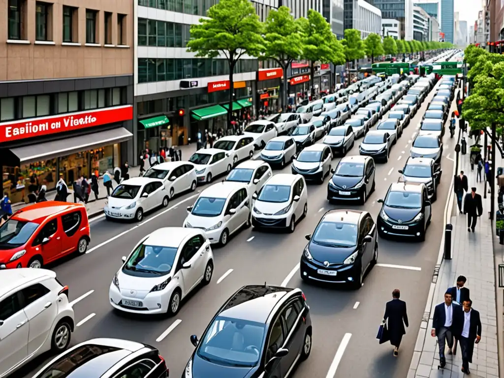 Vista urbana con vehículos eléctricos y tradicionales, reflejando regulaciones legales en transporte sostenible