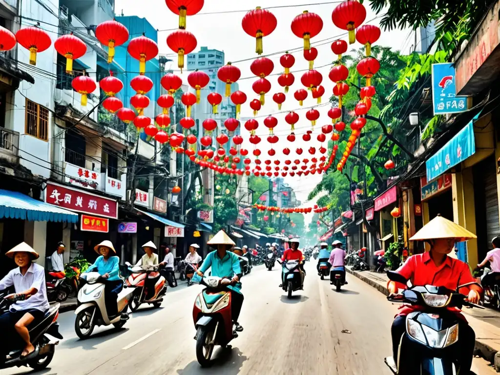 Vista vibrante de la bulliciosa calle en Hanoi, Vietnam, con motorbikes, vendedores callejeros y letreros coloridos